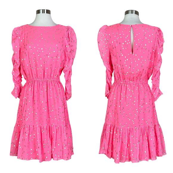 Lilly Pulitzer | Silk Chianna Coral Sands Pink Gold Polka Dot Puff Sleeve Dress - Picture 1 of 10